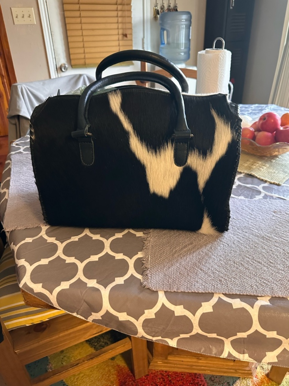 Black and White Cowhide Satchel Handbag